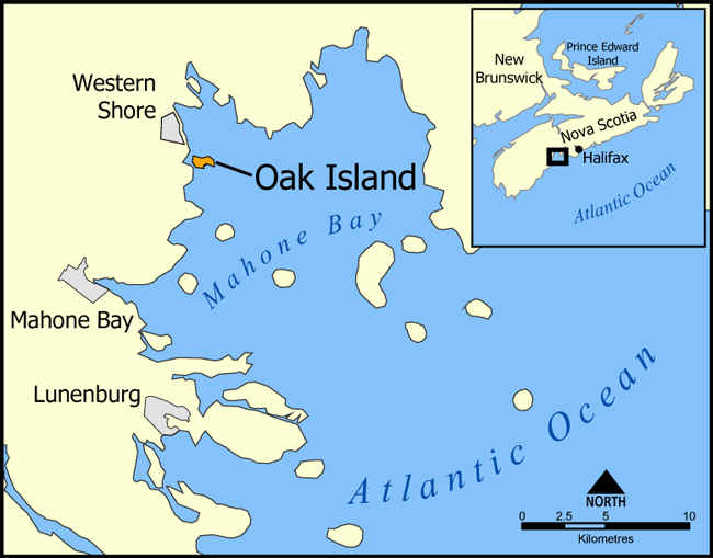 Kart som viser Oak Island i Mahone Bay